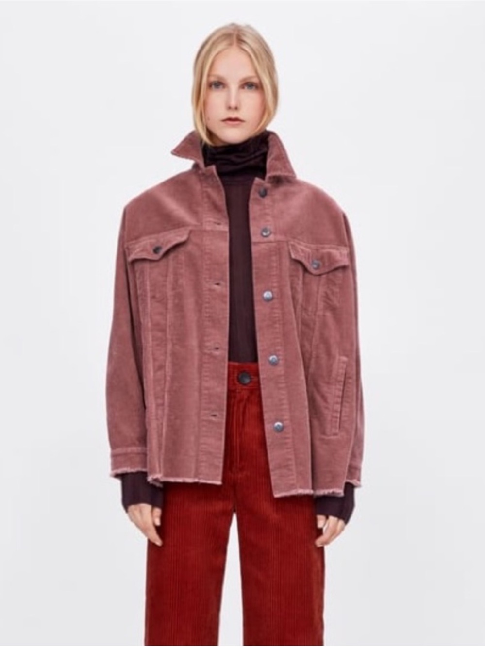 Zara Oversized Corduroy Button Front Shacket Dusty Rose Small - Shirt Jacket